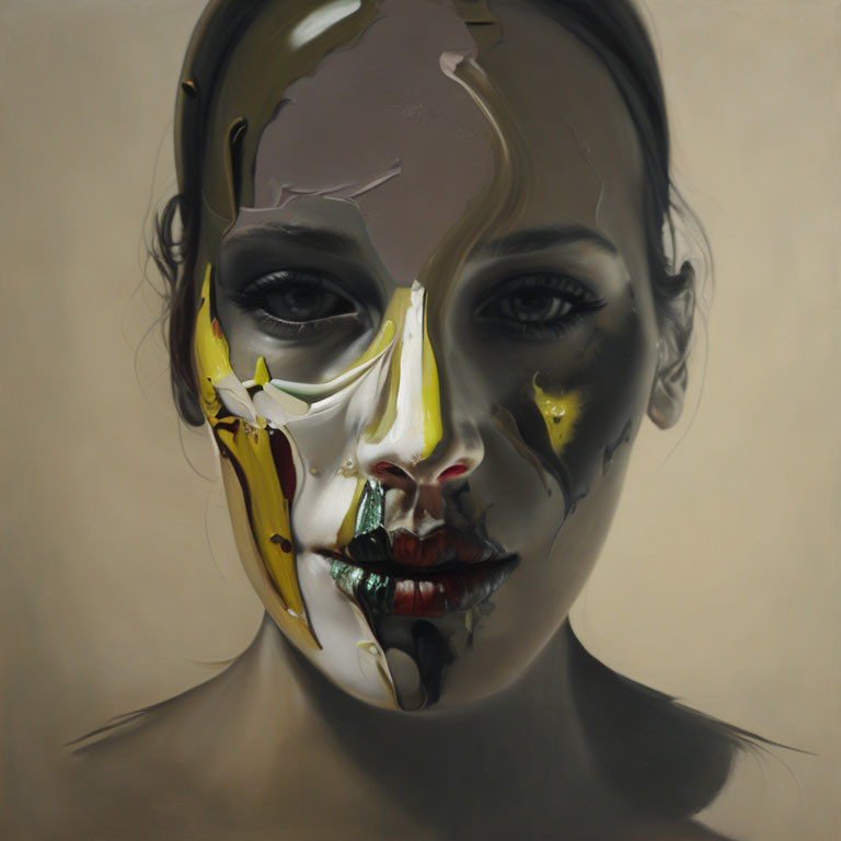 Artistic portrait of a woman with melting wax-like face and blending skin tones.