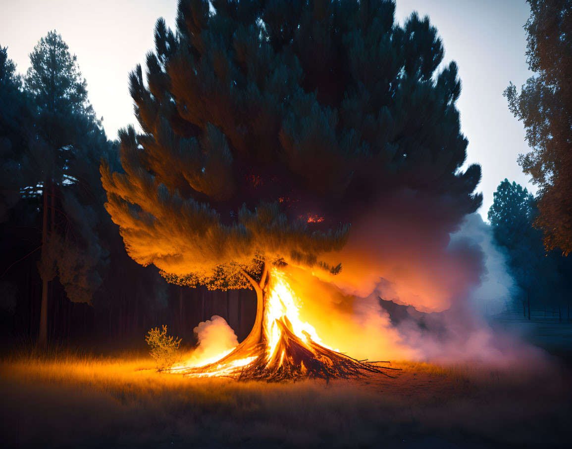 Massive tree ablaze in the dark forest with smoke and fire illumination.