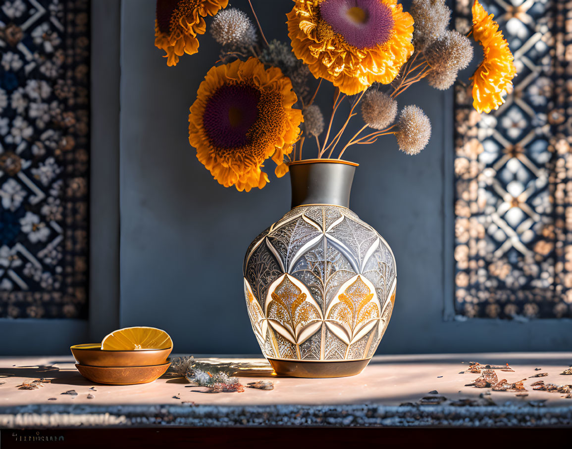 Geometric pattern vase with sunflowers and bowl on table in sunlight.