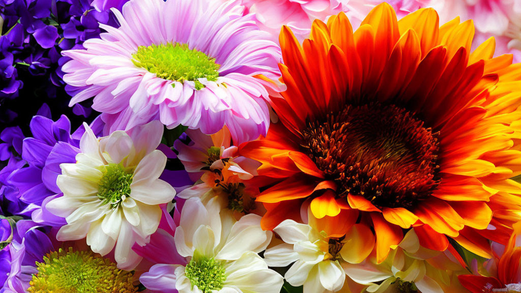 Colorful Bouquet with Orange Gerbera and Purple Flowers