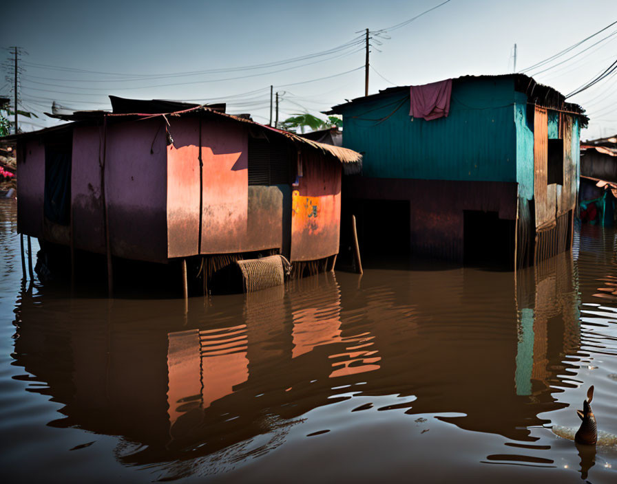 Stilt houses partially submerged in water with duck swimming