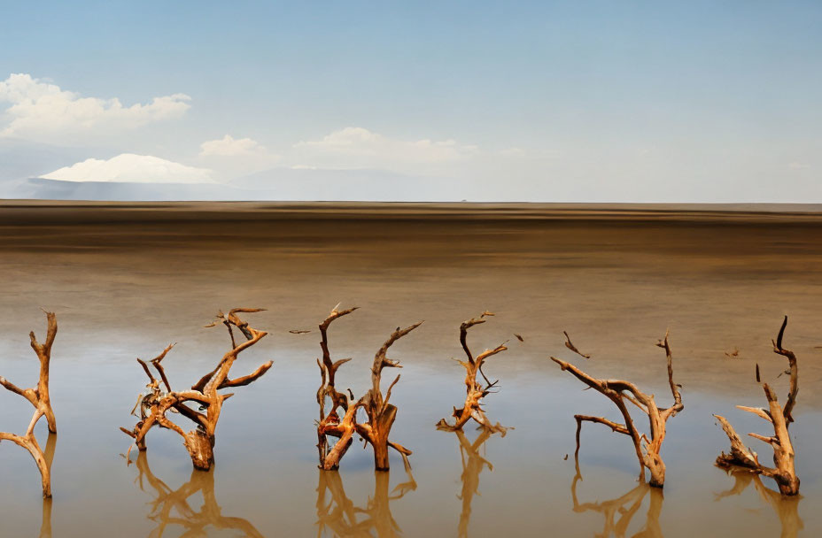 Bare Tree Branches Reflecting on Water with Mountains and Sky