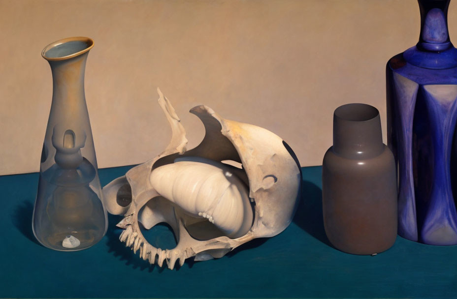 Skull, Glass, and Vases Arranged in Still Life Painting