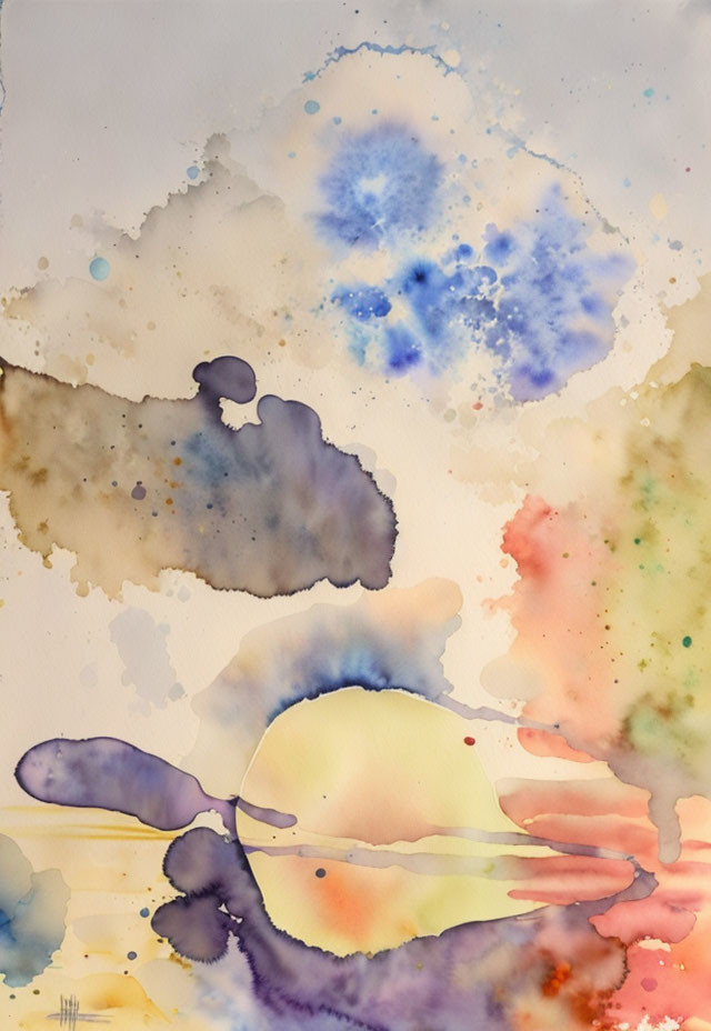 Colorful Abstract Watercolor Painting in Blue, Brown, Red, Yellow, and Purple Hues