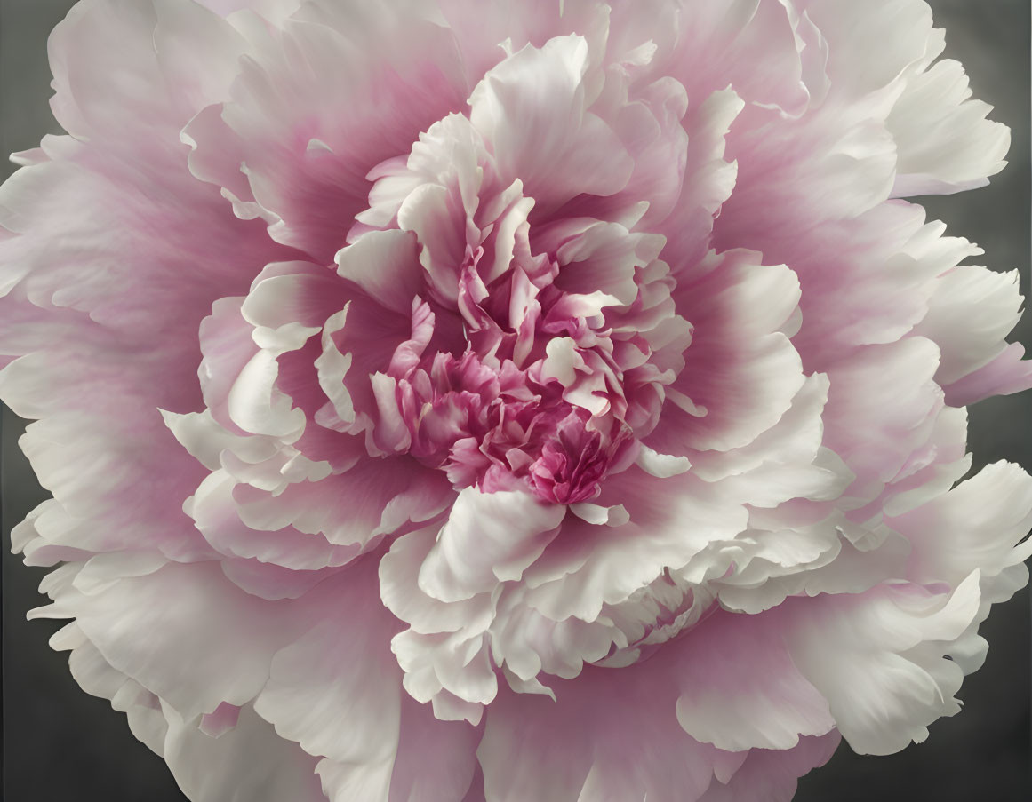 Pink peony bloom with soft petals on grey background