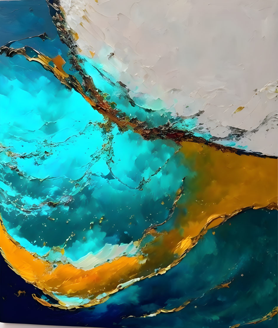 Vibrant abstract art: bold blue, white, and gold strokes, textured surface