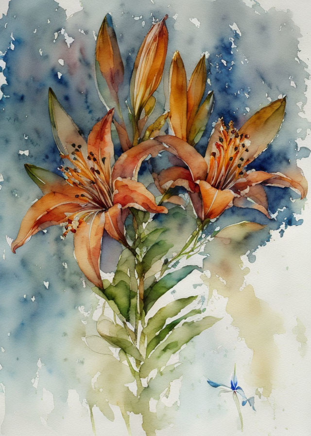 Vibrant orange lilies in watercolor with blue splattered background