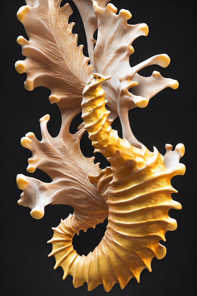 Detailed seahorse sculpture with stylized seaweed in cream to golden gradient