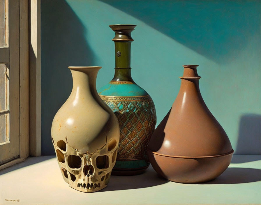 Decorative vases and skull with holes on ledge in natural light