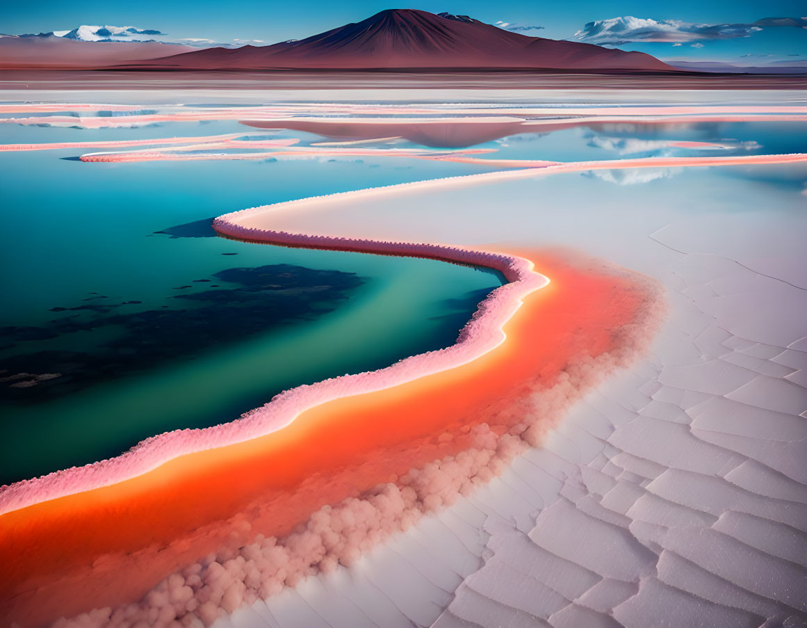 Colorful salt flat with pink and teal waters, salt formations, and mountain backdrop