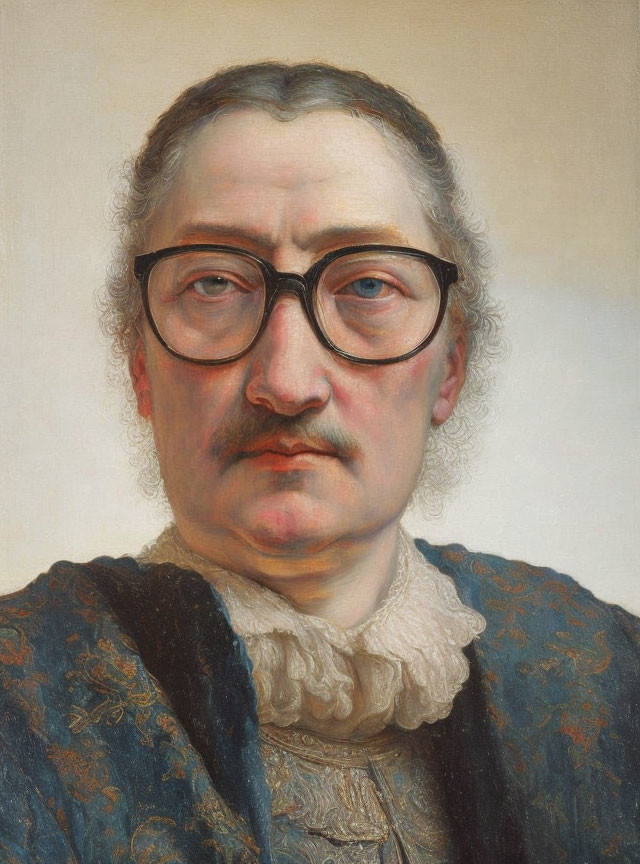 Portrait painting of person with round glasses, curly hair, mustache, patterned jacket, and r