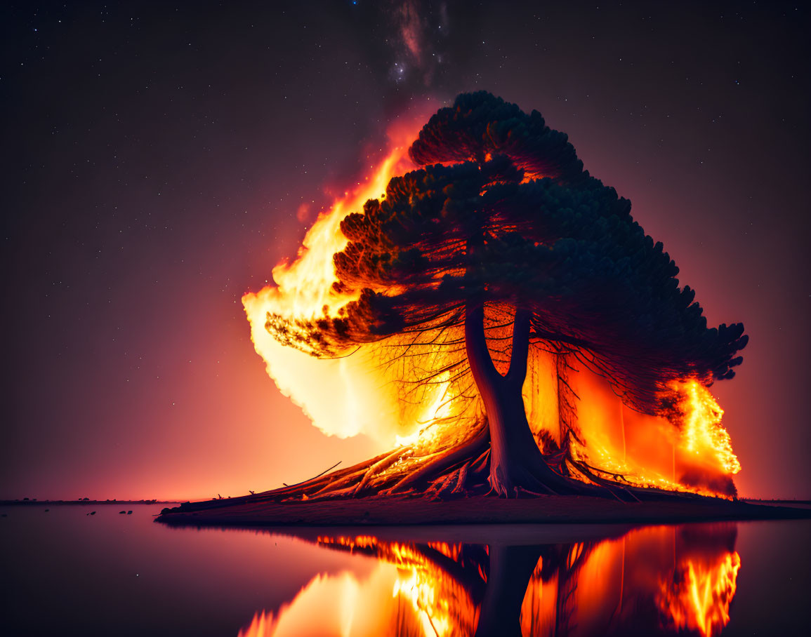 Enormous tree engulfed in flames at night by starlit water