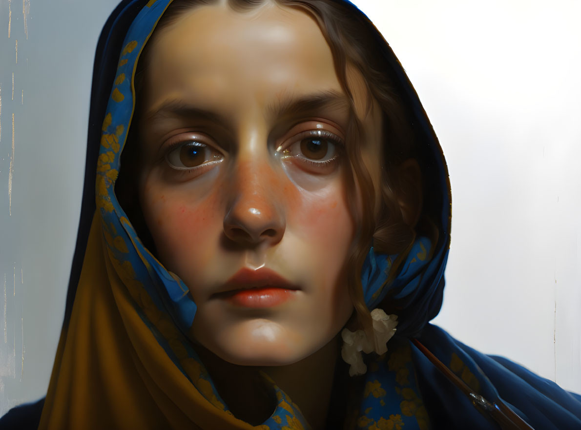 Realistic digital portrait of a person in blue and gold scarf