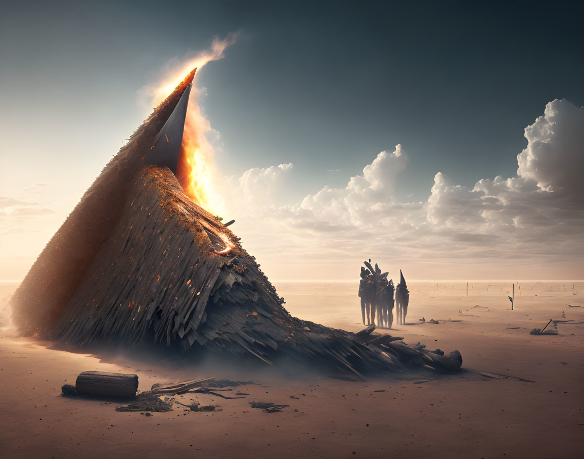 Triangular wooden structure engulfed in flames in desert with robed figures