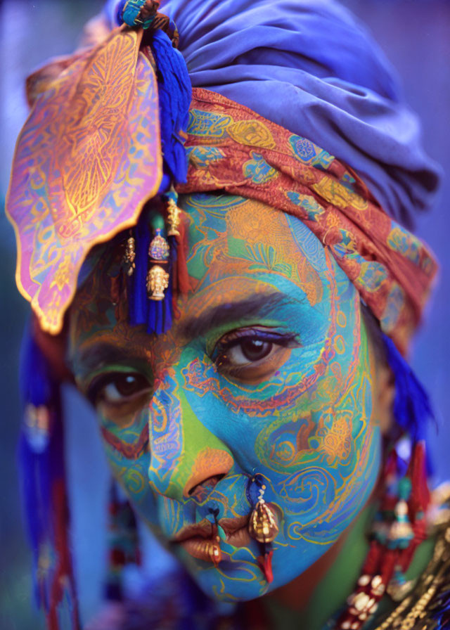 Intense gaze of person with blue and green face paint and decorative headgear