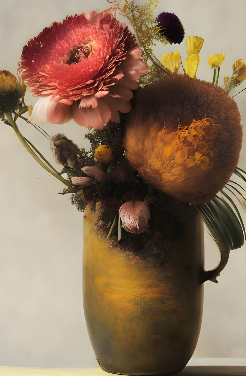 Colorful Pink and Yellow Floral Arrangement in Amber Vase