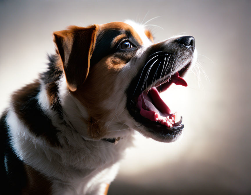 Tricolor Dog with Bright Eyes and Open Mouth in Softly Lit Setting