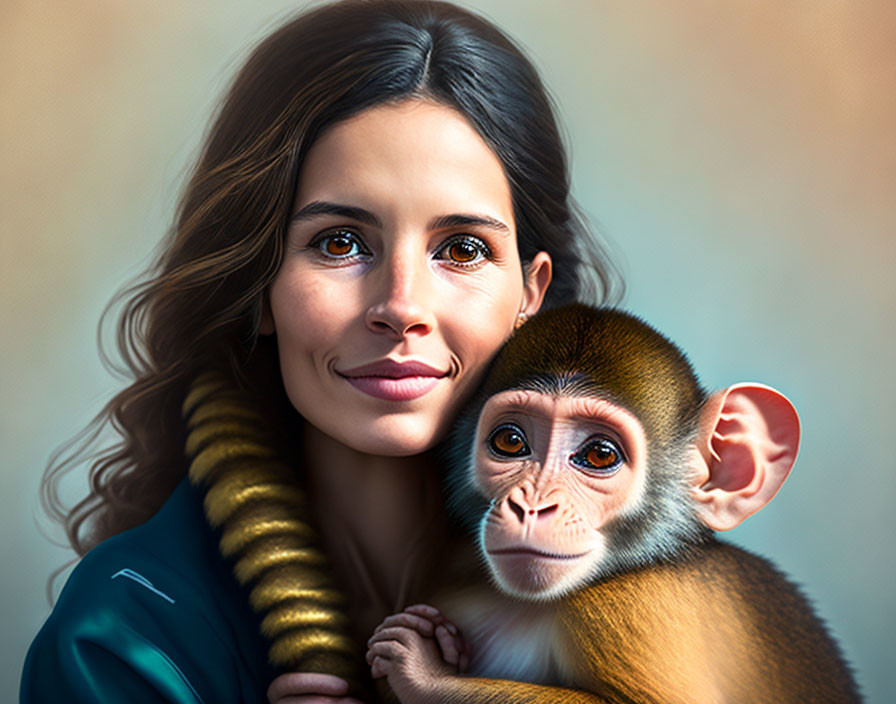 Digital painting: Woman with dark hair smiling gently holding young monkey.