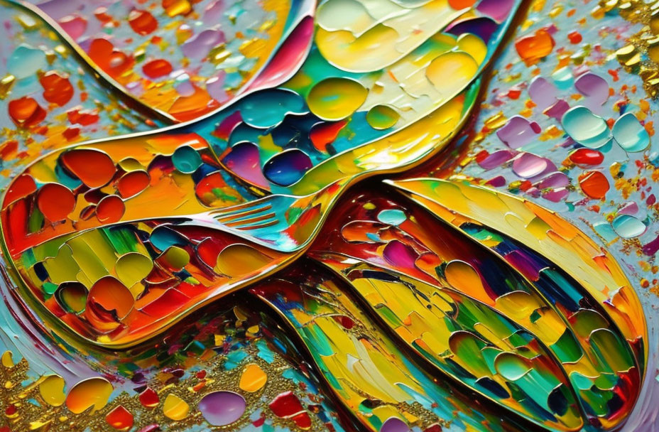 Colorful Abstract Painting with Butterfly-Like Pattern and Textured Droplets