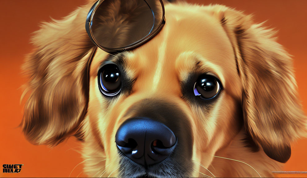 Golden retriever digital illustration with round glasses lens on forehead