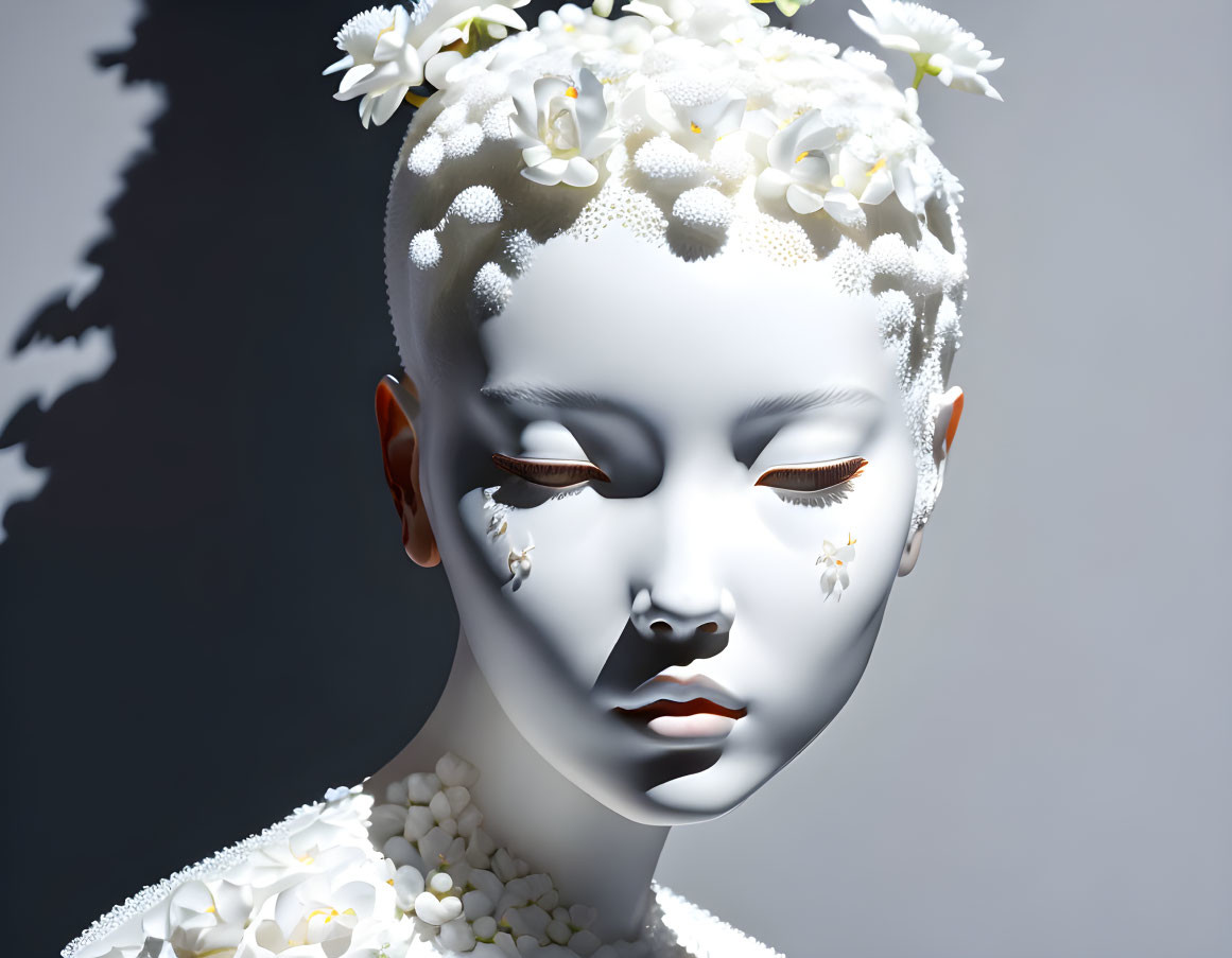 Artistic portrait with white flowers and petals on person against shadowed backdrop