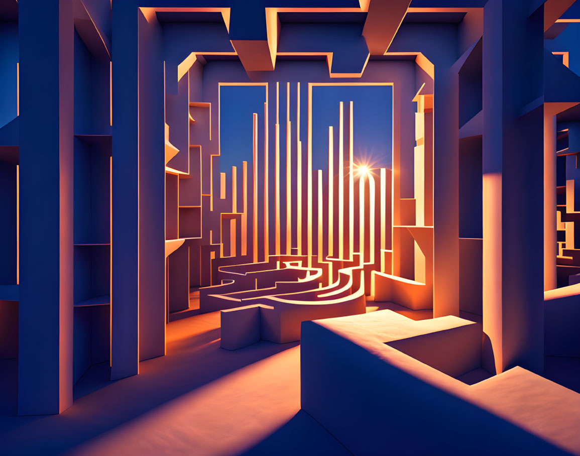 Abstract 3D maze with glowing sunrise and long shadows