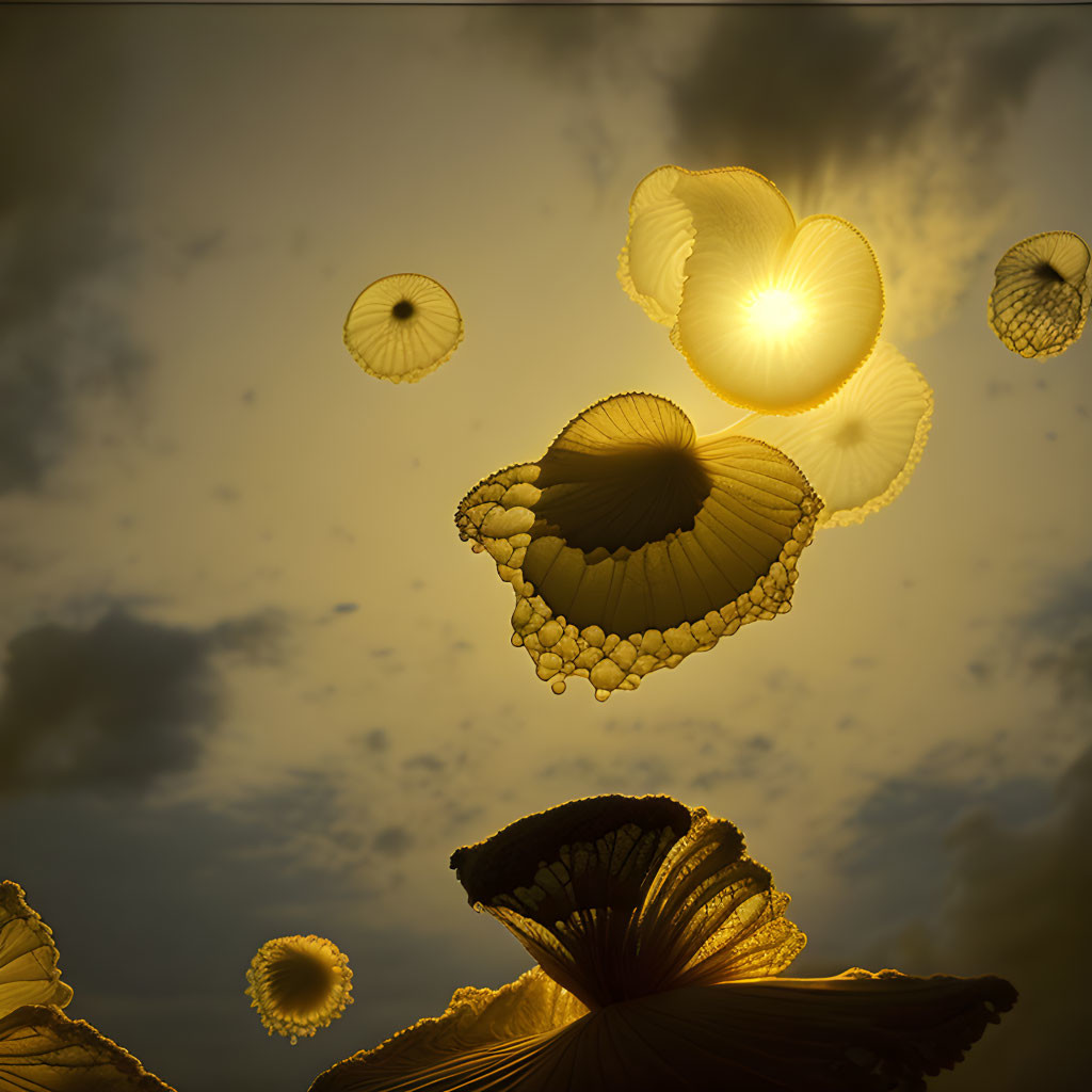 Sunlit golden jellyfish-like shapes in dusky sky with warm glow.