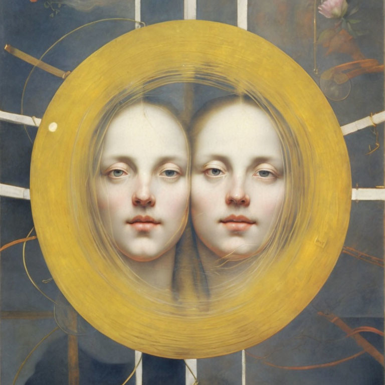 Identical pale female faces with golden halo on intersecting gold lines background