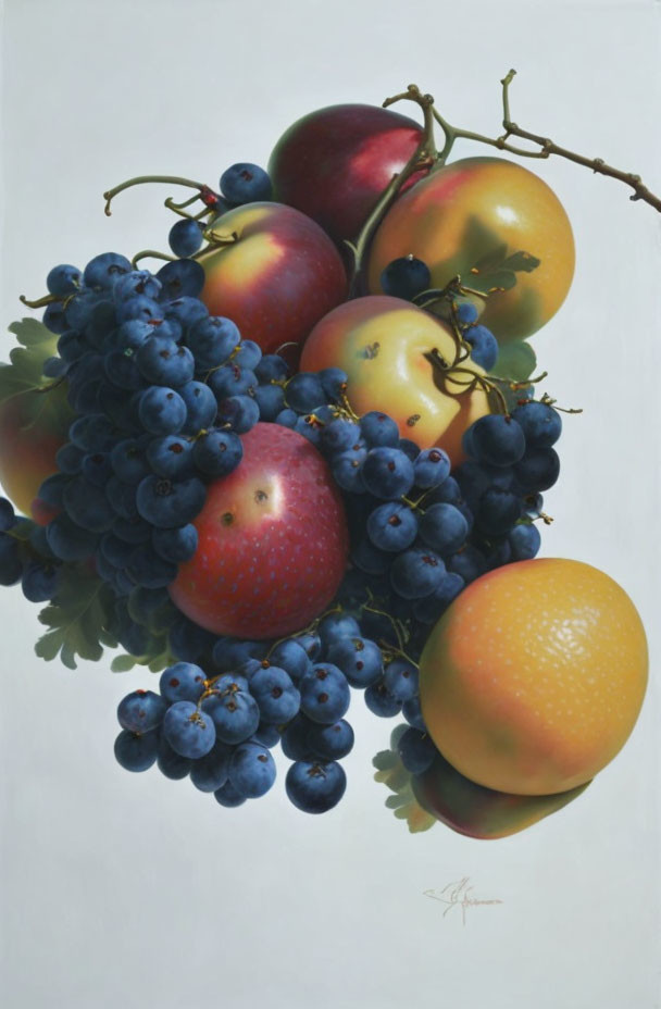 Hyperrealistic Painting of Blue Grapes and Apples in Vibrant Colors