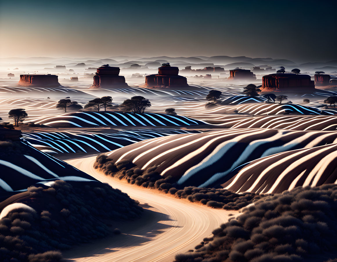 Surreal landscape with striped sand dunes, winding path, and flat-topped hills under h