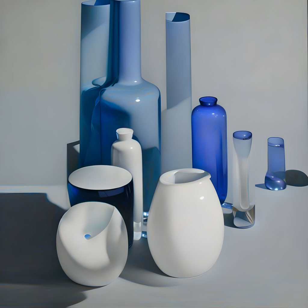 Assortment of Blue and White Reflective Vases on Light Surface