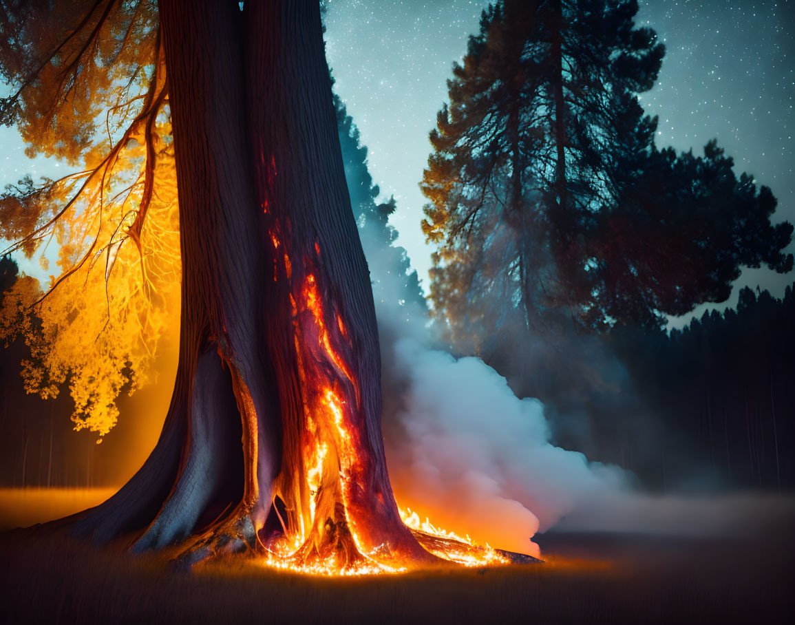 Forest night scene: one tree on fire, smoke rising, starry sky
