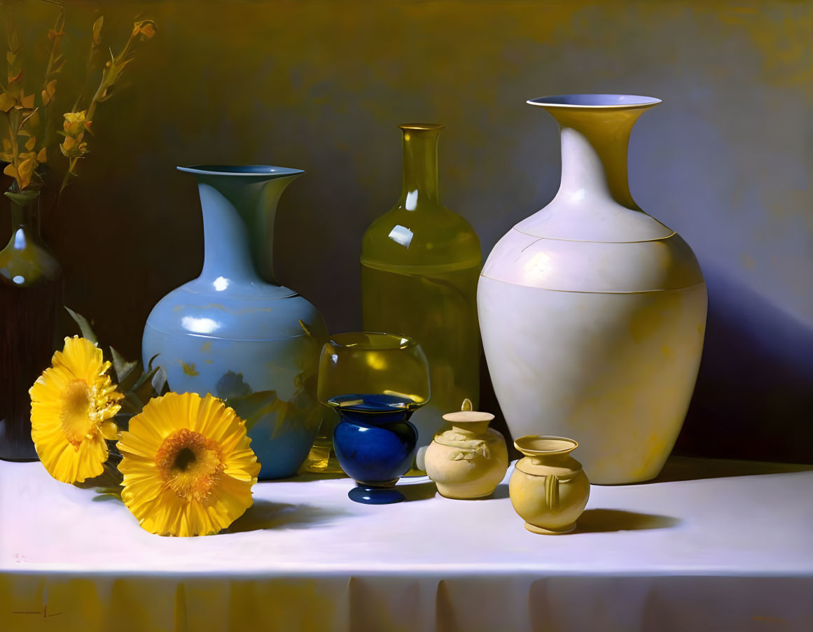 Colorful ceramic vases, glass bowl, yellow flowers on dark background