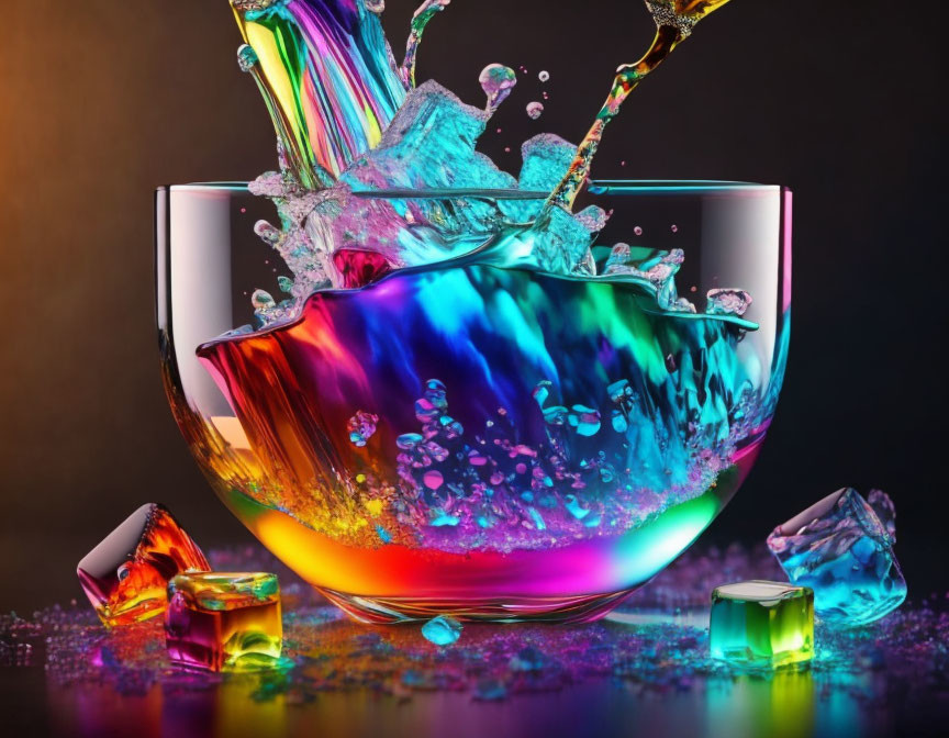 Vibrant liquid splashing in clear bowl with ice cubes on dark background