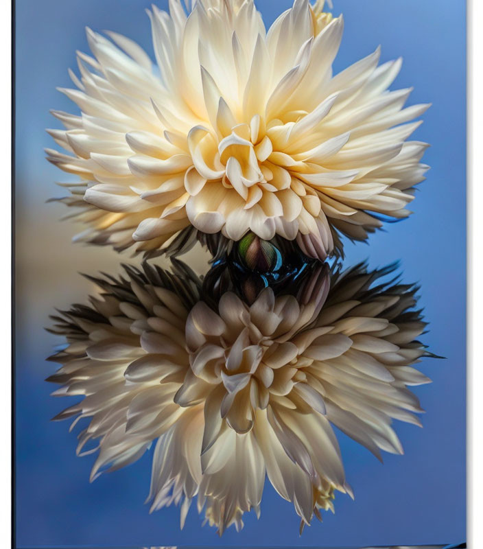 Cream-colored chrysanthemum with soft petals reflected on glossy surface