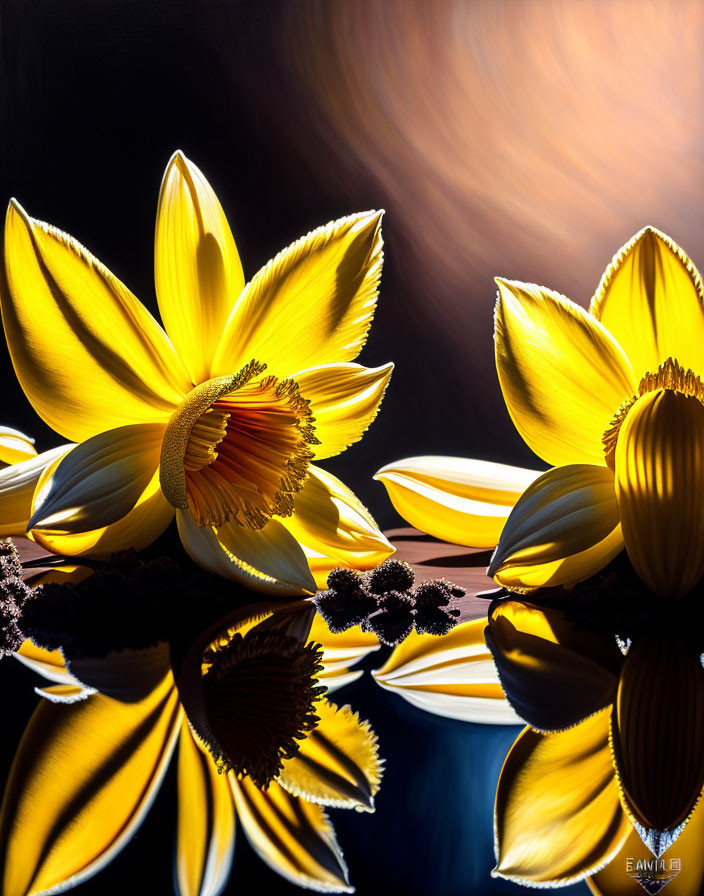 Yellow Lotus Flowers on Dark Background with Glossy Reflections