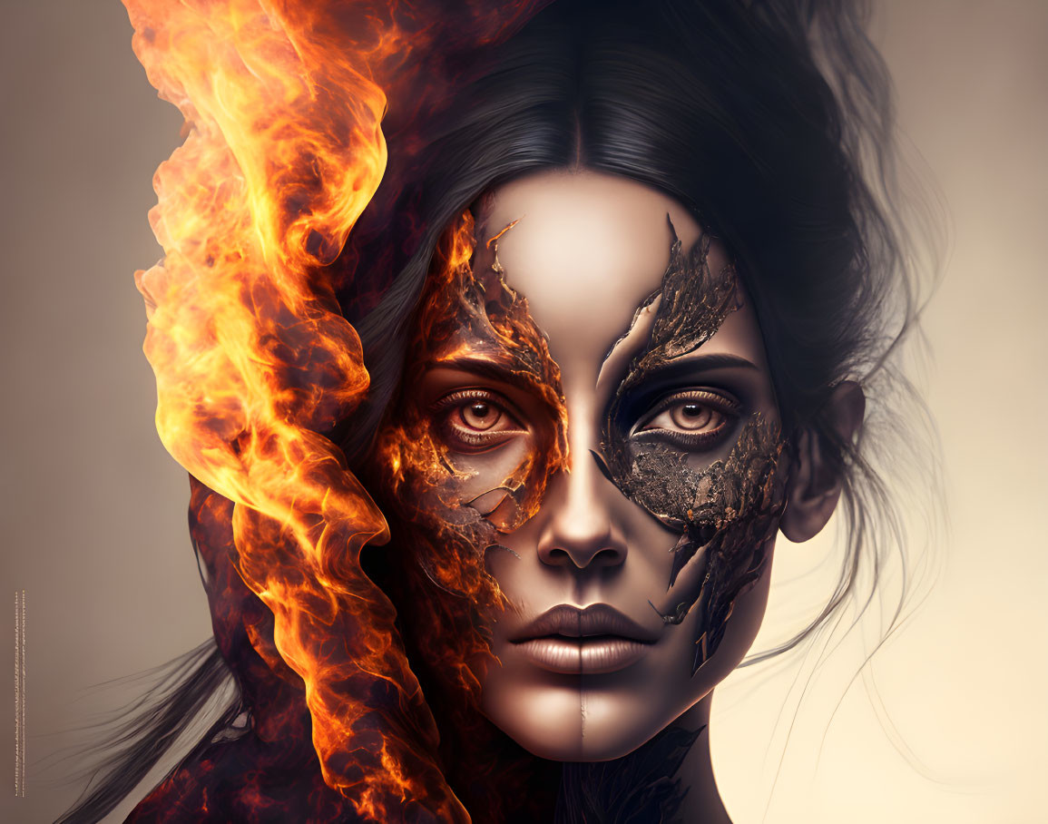 Digital artwork: Woman's face with fiery design, symbolizing transformation.