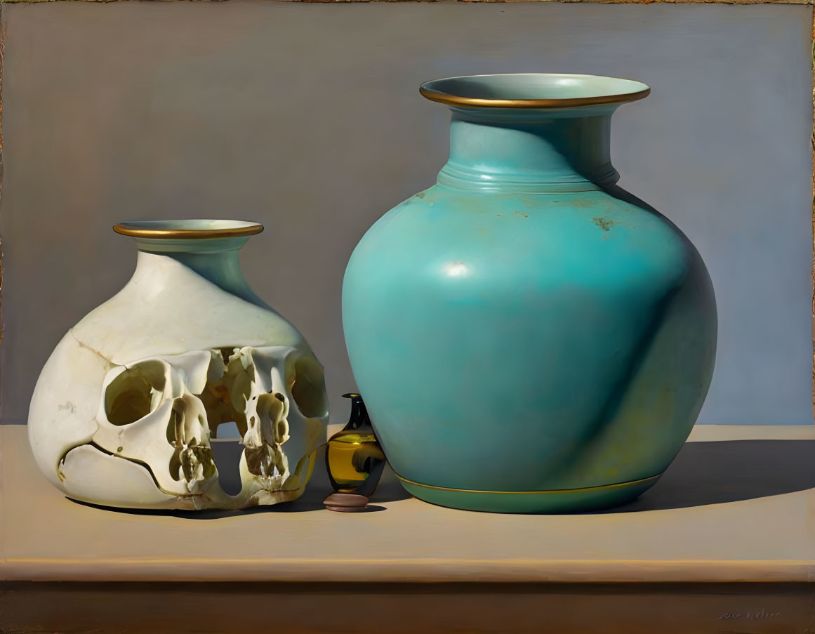 Still Life Painting: Human Skull, Turquoise Vase, Bottle, Coins