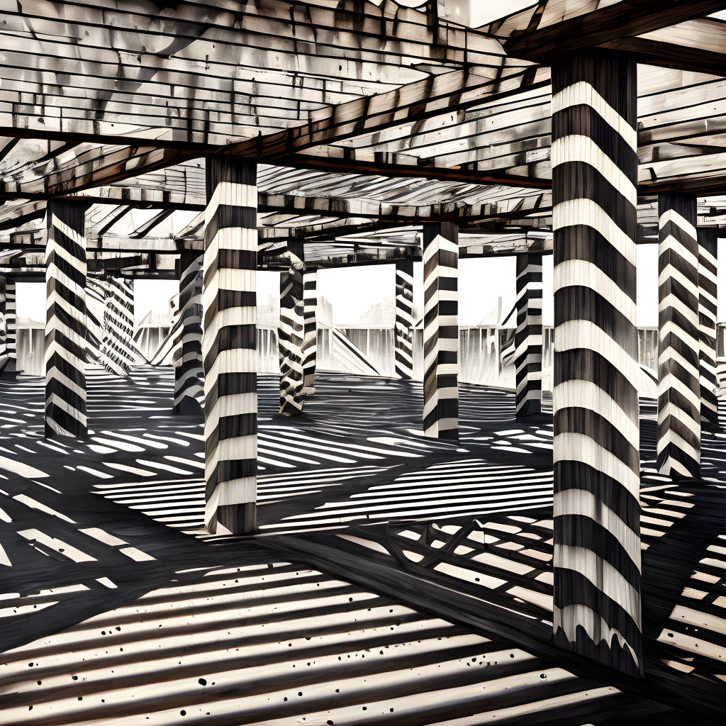 Striped columns casting intricate shadow patterns in vast space