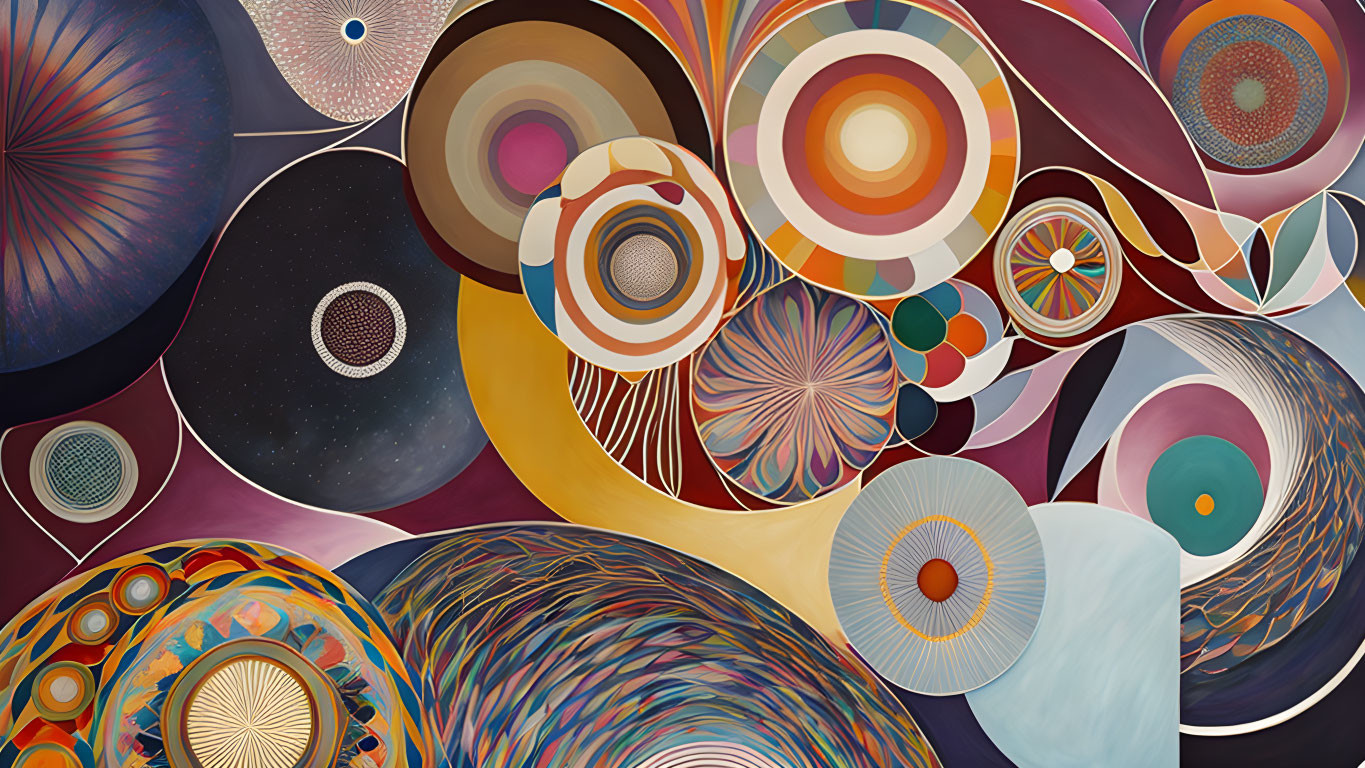 Colorful Abstract Painting with Vibrant Circles and Swirling Patterns