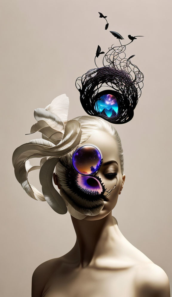 Surreal portrait with artistic makeup, bird nest, and white flower