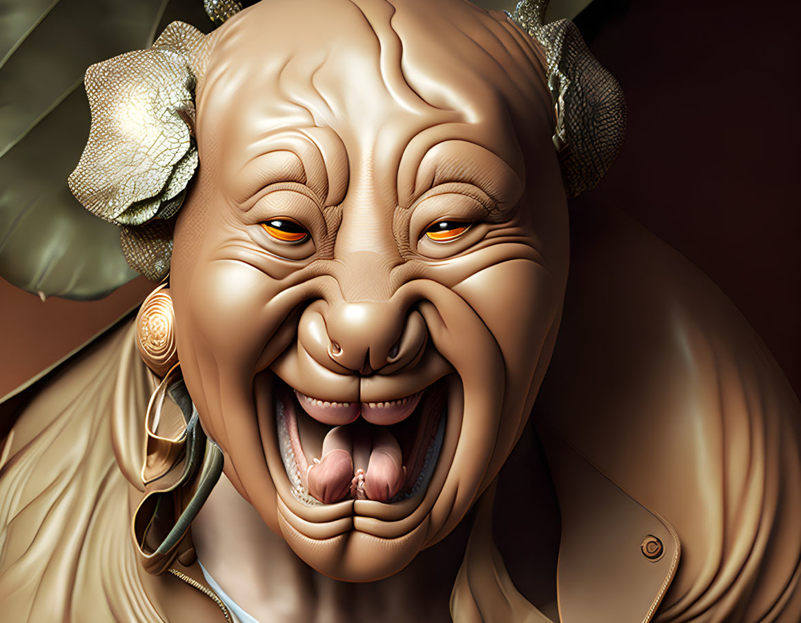 Exaggerated 3D illustration of cheerful elderly figure