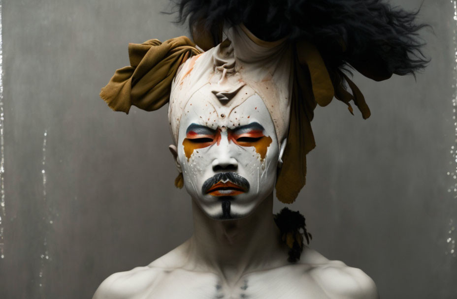 Person with white and red face paint and feathered headdress on grey background