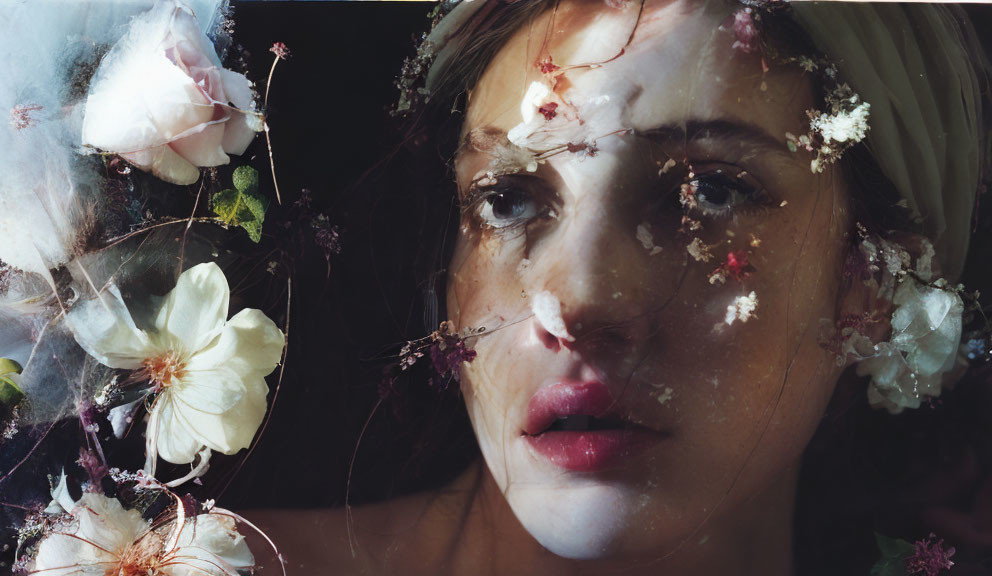 Contemplative woman obscured by delicate flowers and textures