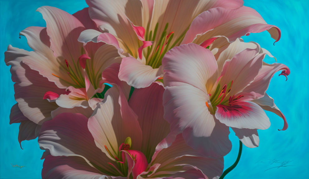 Colorful pink and white lilies on blue background art.