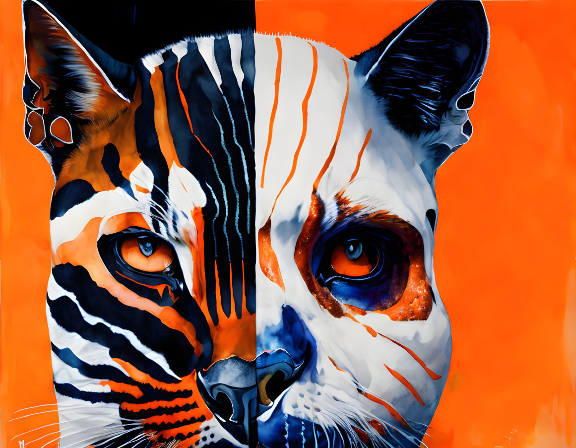 Vibrant split image of tiger and cat on orange background