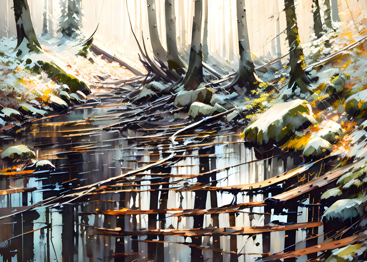 Tranquil forest scene: wooden bridge over stream, sunlit trees, snow patches