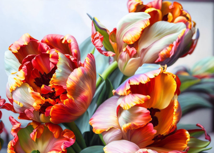 Colorful Tulips with Red, Orange, and Yellow Petals on Soft Gradient Background