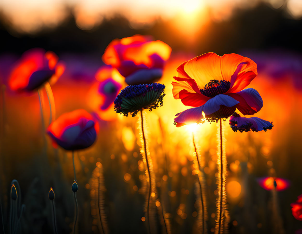 Vibrant sunset with silhouetted poppies in warm field