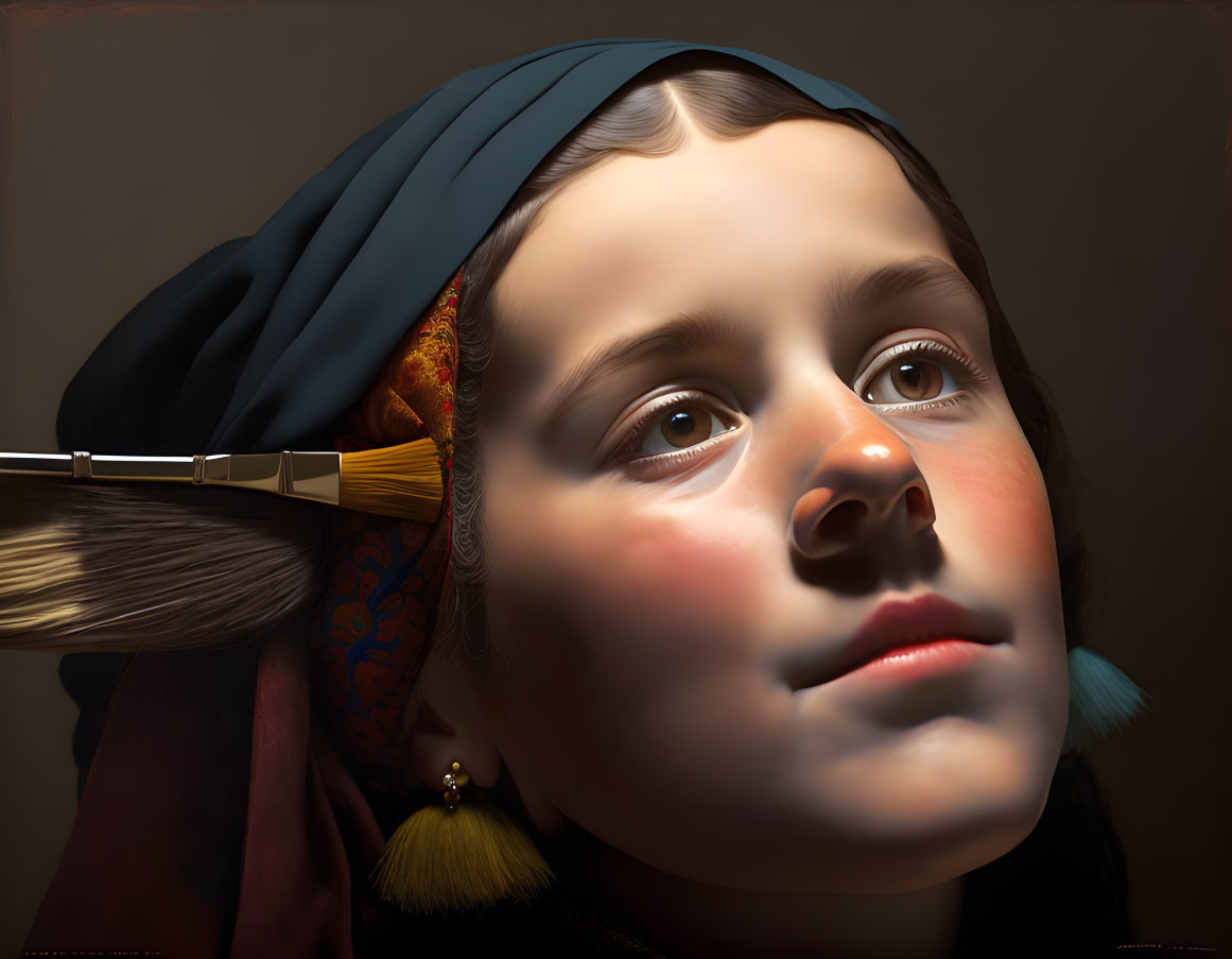 Digital painting of young girl in Vermeer-style headscarf with paintbrush.